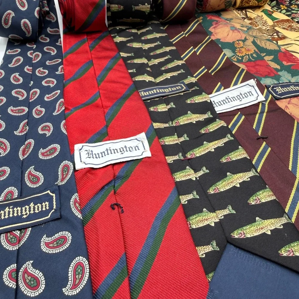Huntington Mens Silk Necktie Lot of 7 Vintage Paisley Striped Fish Bird Floral